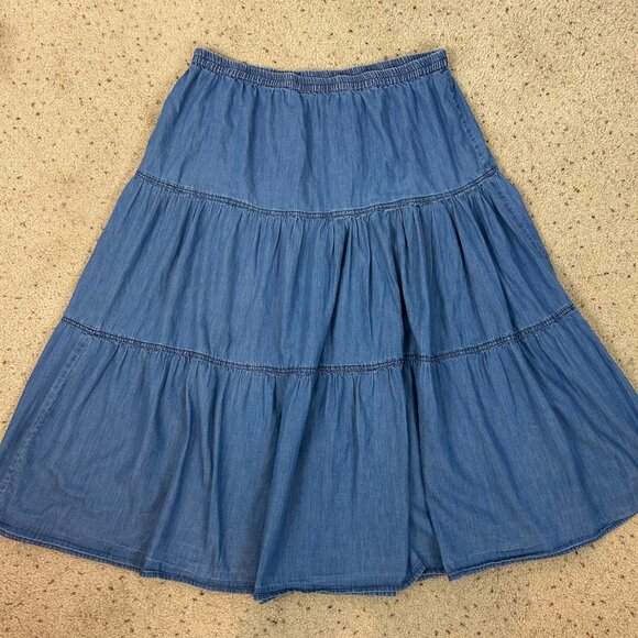 Vintage Y2K Chambray Tiered A-line Midi Skirt Country Western Cotton Size XL Wom - Picture 1 of 3